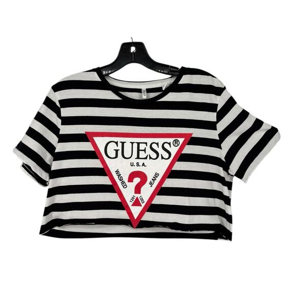 Vintage 90s Guess Cropped Tee Shirt Logo Black White Stripe Large Womens - Picture 1 of 5